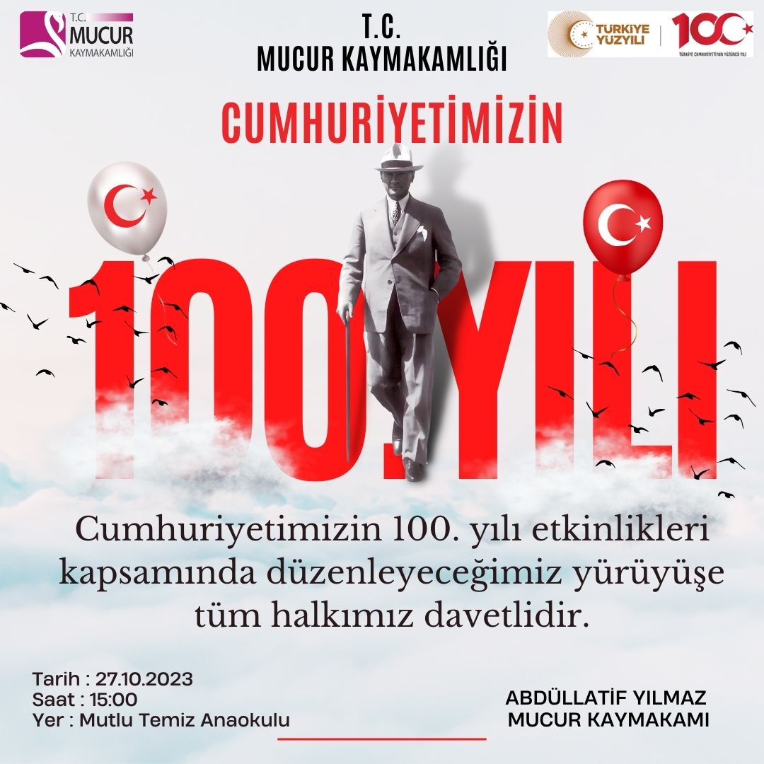 Cumhuriyetimizin 100. yılı etkinlikleri kapsamında düzenleyeceğimiz yürüyüşe tüm halkımız davetlidir.